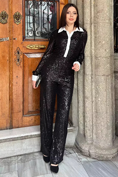 TOZLU Women's Shirt Collar Sequin Evening Dress Jumpsuit