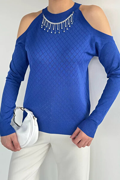 TOZLU Off-The-Shoulder Crew Neck Stoned Women's Knitwear Blouse