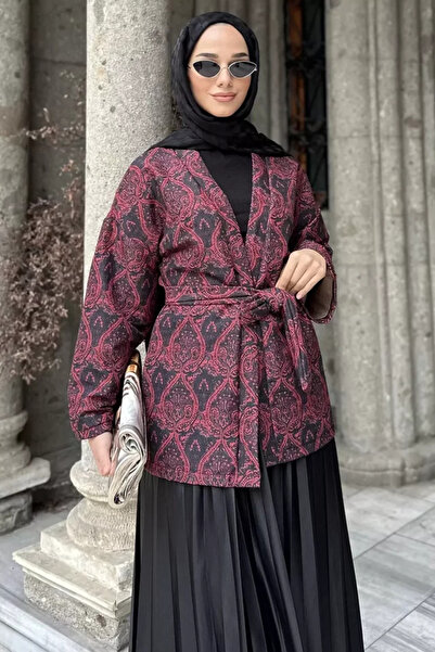 TOZLU Belted Ethnic Pattern Quilted Hijab Jacket