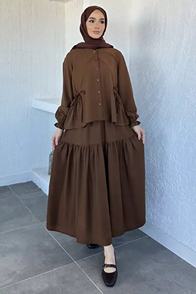 TOZLU Elastic Waist Lace-Up Blouse Skirt Hijab Double Set
