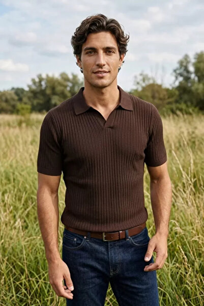 TOZLU Men's Polo Neck Self-Patterned Knitwear T-Shirt