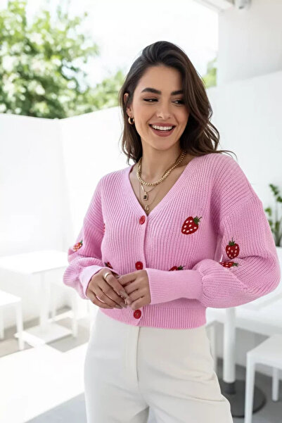 TOZLU Gülseli Strawberry Patterned Knitwear Cardigan