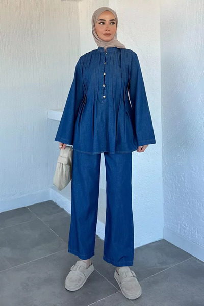 TOZLU Front Pleated Buttoned Tunic Pants Hijab Double Set