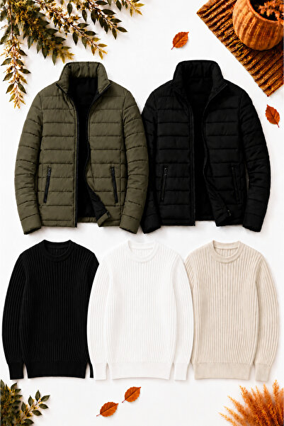 legends butik Erkek 5’li Kışlık Kombin Seti – 2 Kapitone Fermuarlı Mont + 3 B...