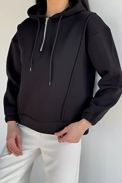 TOZLU Half-Zip Three-Thread Ribbed Women's Sweatshirt