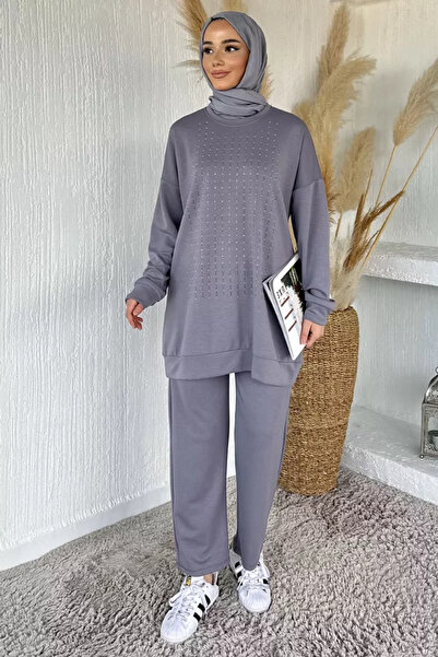 TOZLU Crew Neck Front Stone Detailed Plus Size Hijab Tunic and Pants Two-Piec...