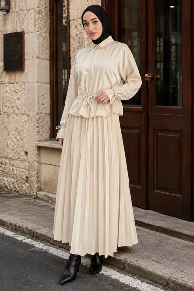 TOZLU Women's Pleated Skirt Shirt Hijab Double Set