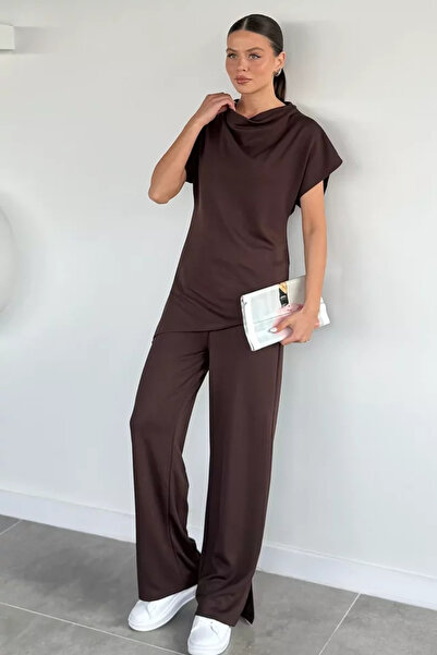 TOZLU Women's Elastic Waist Trousers Degaje Collar Blouse Double Set