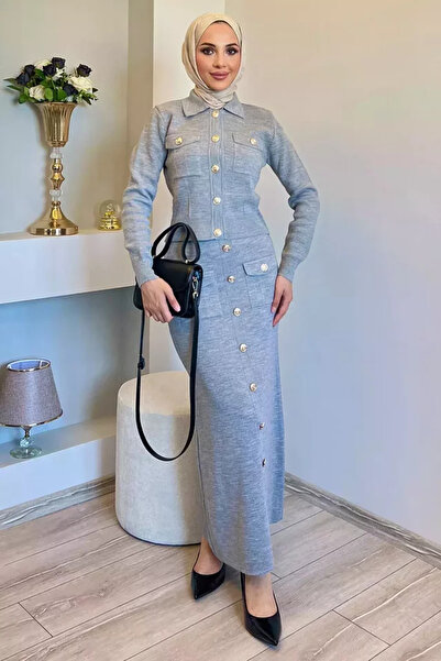 TOZLU Button Detailed Cardigan Skirt Hijab Knitwear Two-Piece Set (Available ...