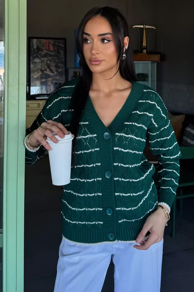 TOZLU Women's Front-Button Striped Knitwear Cardigan (Available in S-M-L Sizes)