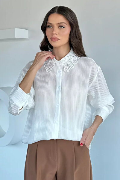 TOZLU Women's Scalloped Collar Self-Line Patterned Shirt