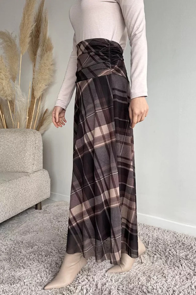 TOZLU Plaid Patterned Hijab Skirt with Waist Drawstring Detail