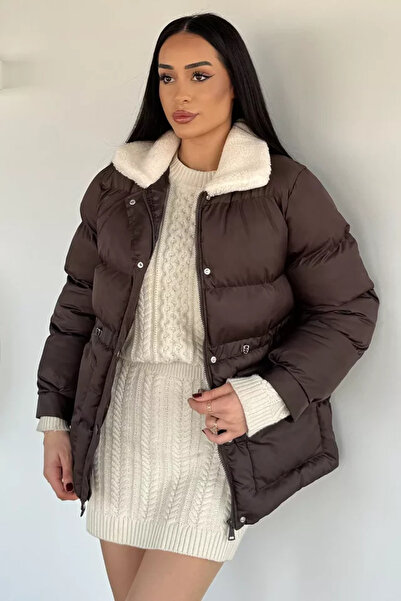 TOZLU Plush Collar Detailed Lined Women's Puffer Coat