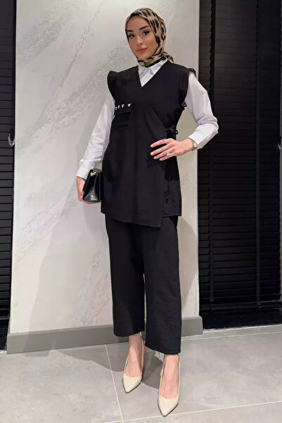 TOZLU Double-Breasted Collar Stone Embroidered Tie-Up Vest Shirt Trousers Hij...