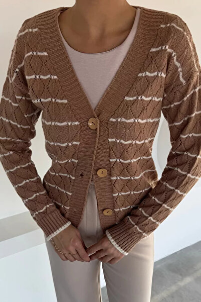 TOZLU Women's Front-Button Striped Knitwear Cardigan (Available in S-M-L Sizes)
