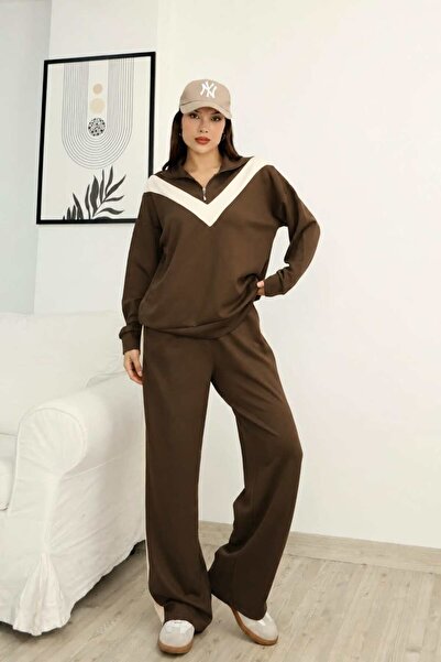 EVOA Women's Coffee V Detailed Half Zipper and Stripe Detailed Pants Set