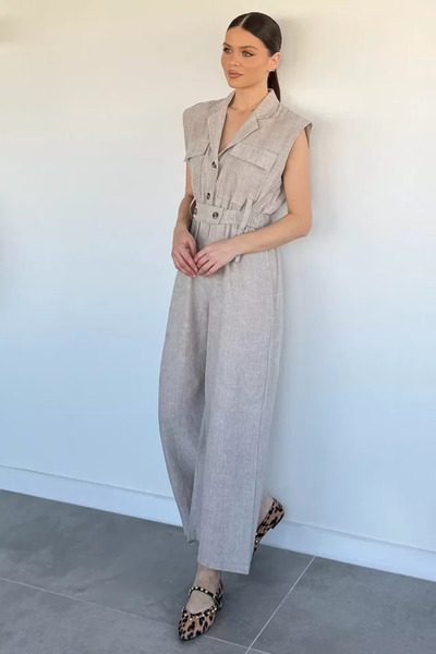 TOZLU Linen Jumpsuit with Elastic Waistband