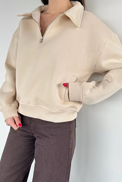 TOZLU High Collar Half Zipper Embroidered Women's Sweatshirt