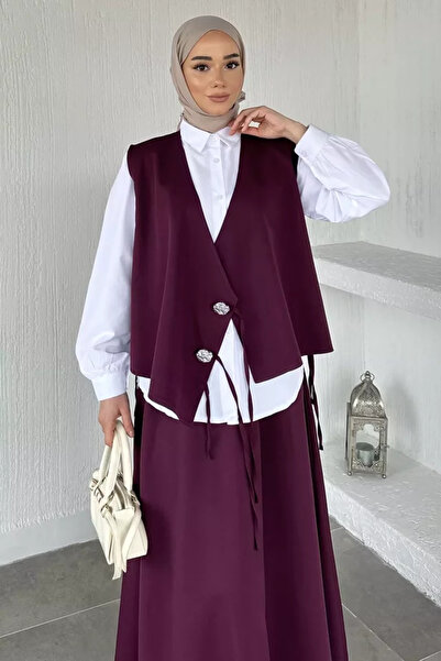 TOZLU Elastic Waist Skirt, Stoned Vest, Hijab Three-Piece Set
