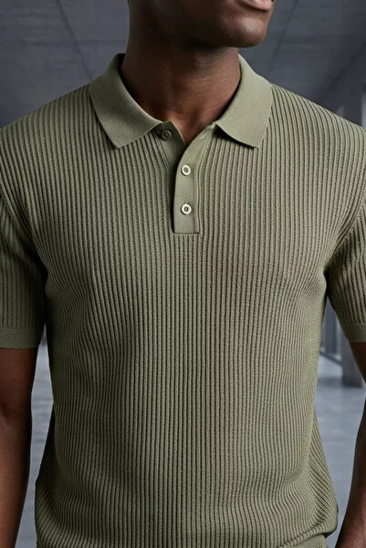 TOZLU Men's Polo Collar Half Button Knitwear T-Shirt