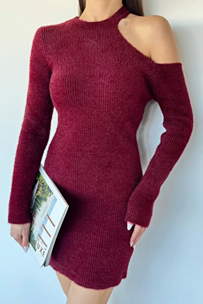 TOZLU Gülseli One-Shoulder Low-Cut Angora Fabric Knitwear Dress