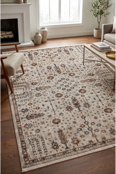 Colore Home Retro Bej Kahve Etnik Desen Çiçekli Vintage Dokuma Salon Halısı
