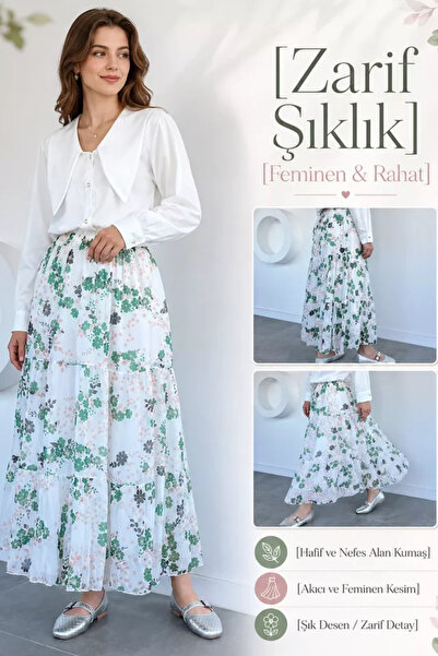 TOZLU Patterned Chiffon Hijab Skirt with Elastic Waist