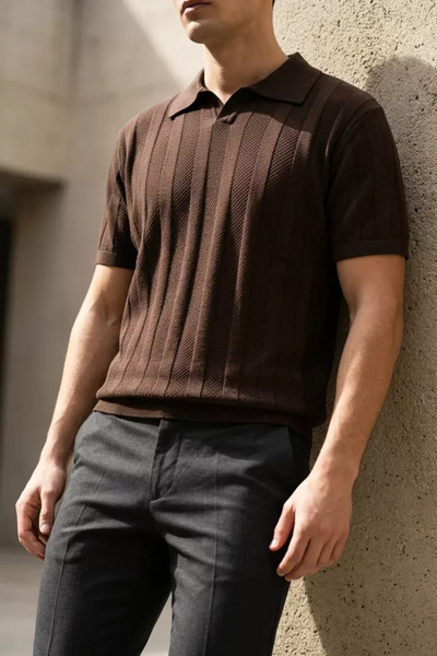 TOZLU Men's Polo Neck Self-Patterned Knitwear T-Shirt