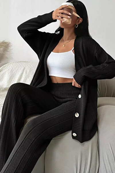 TOZLU Women's Front Buttoned Self-Line Patterned Knitwear Cardigan Trousers T...