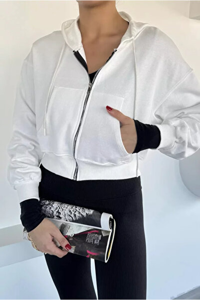 TOZLU Women's Front Zipper Hooded Double Pocket Sweatshirt