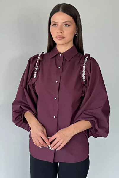 TOZLU Cămașă de damă cu mâneci tip balon și broderie cu pietre