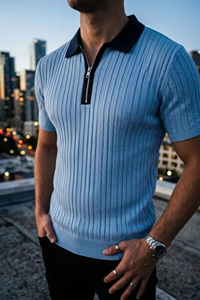 TOZLU Men's Polo Collar Half Zipper Patterned Knitwear T-Shirt