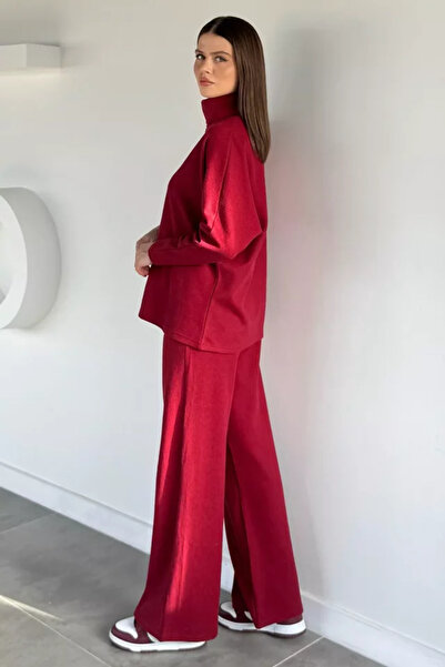 TOZLU Turtleneck Casual Blouse and Pants Double Set