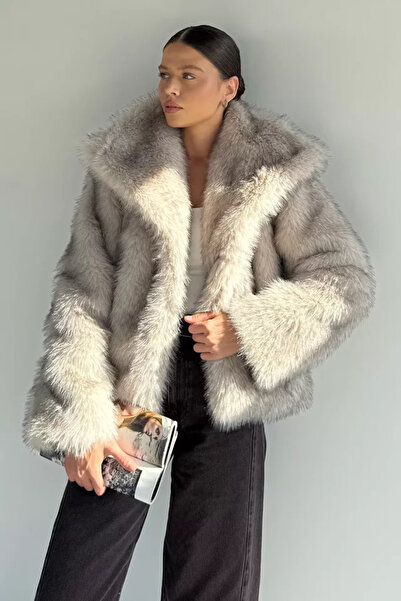 TOZLU Women's Shawl Collar Inner Lined Fringed Fur Coat