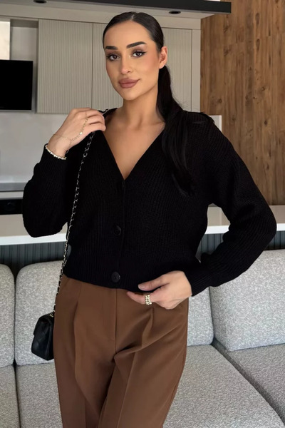 TOZLU V-Neck Front Buttoned Women's Knitted Sweater Cardigan