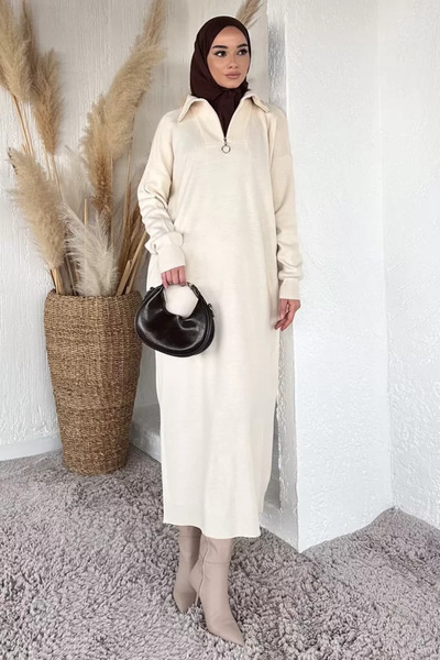 TOZLU Women's Front Zipper Detailed Hijab Knitwear Dress