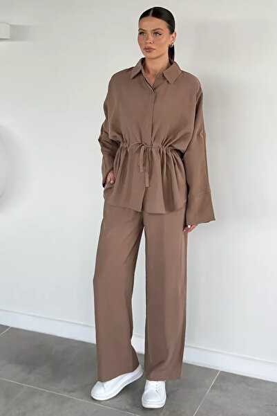 TOZLU Women's Tie-Detail Shirt and Elastic Waist Pants Two-Piece Set