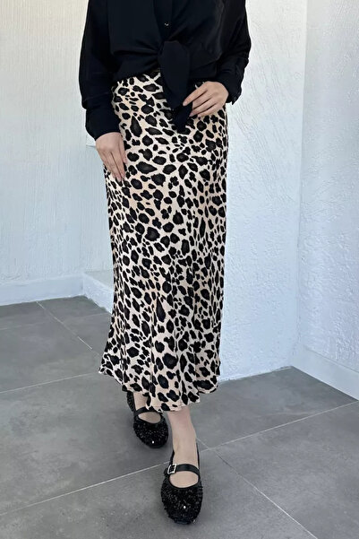 TOZLU Leopard Patterned Hijab Satin Skirt with Elastic Waist