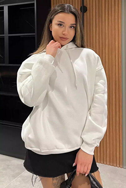 TOZLU Women's Hooded Three-Thread Ribbed Oversize Sweatshirt