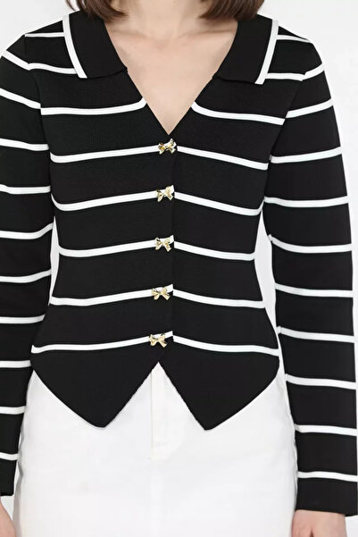 TOZLU Women's Striped Patterned Bow Button Detailed Knitwear Cardigan