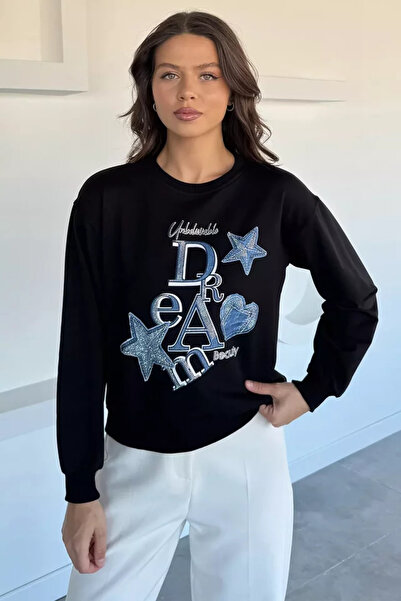 TOZLU Women's Crew Neck Printed Stone Embroidered Sweatshirt