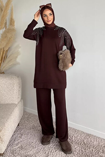 TOZLU Crew Neck Stone Embroidered Tunic Elastic Waist Pants Hijab Double Set