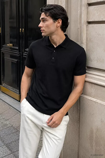 TOZLU Men's polo neck self-patterned t-shirt