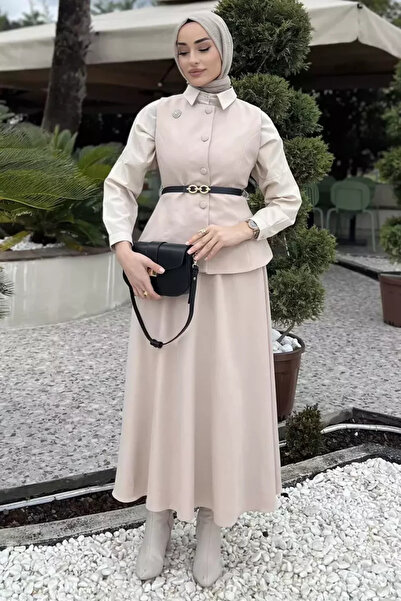 TOZLU Women's Belt and Brooch Detailed Vest Skirt Hijab Double Set