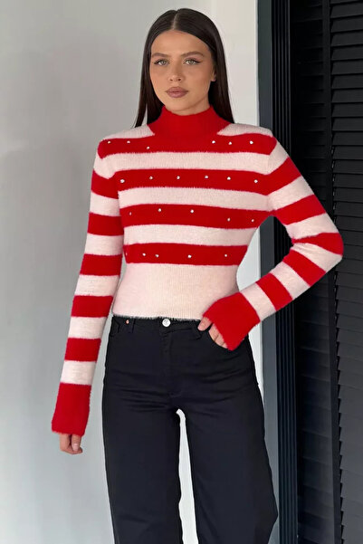 TOZLU Women's Turtleneck Stone Detailed Crop Top Blouse