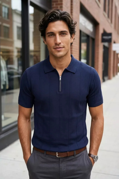 TOZLU Men's Polo Collar Half Zipper Patterned Knitwear T-Shirt