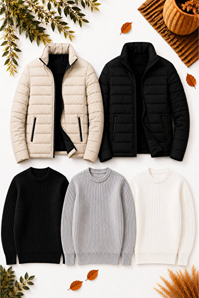 legends butik Erkek 5’li Kışlık Kombin Seti – 2 Kapitone Fermuarlı Mont + 3 B...