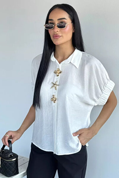 TOZLU Gülseli Women's Shirt with Elastic Sleeves and Button Accessories