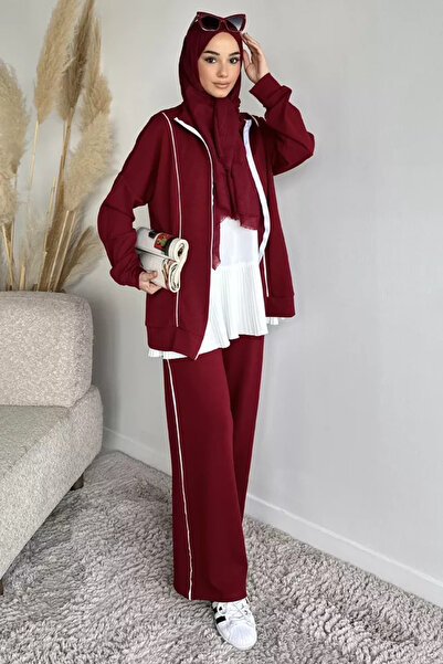 TOZLU Front Zipper Striped Tunic with Elastic Waist Pants, Islamic Clothing T...