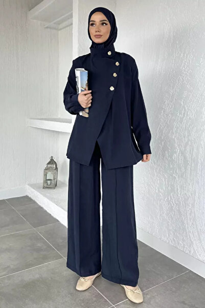 TOZLU Button Detailed Belted Tunic Trousers Hijab Double Set